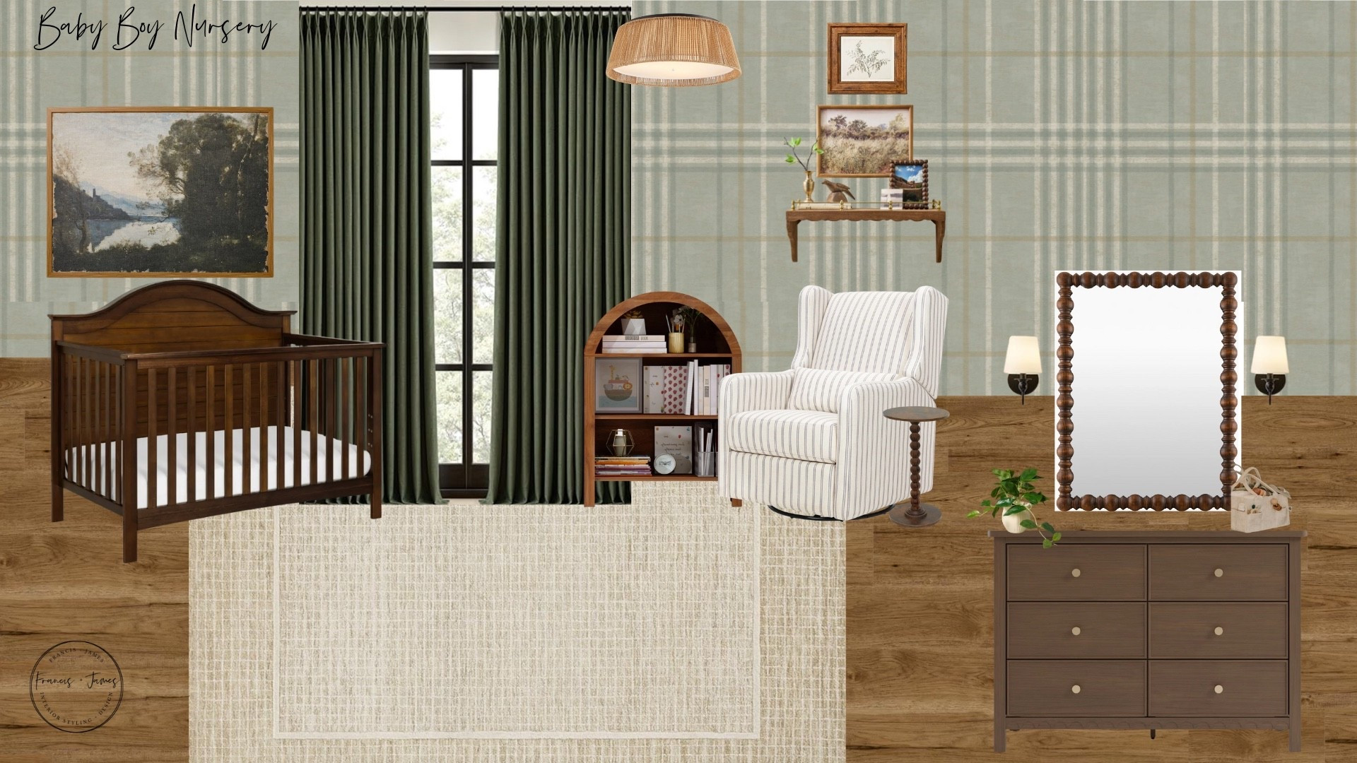 Baby boy, boy nursery, boys room, neutral boys wallpaper, plaid wallpaper, toddler boy room, baby boy, neutral nursery, baby boy, glider, nursery recliner, green curtains, flush mount, rattan flush mount, neutral decor, wooden frames, woodland, neutral art, wall art, children spaces, neutral rugs, arched cabinet, kids room, children furniture, vintage nursery 

#LTKBump #LTKHome #LTKBaby
