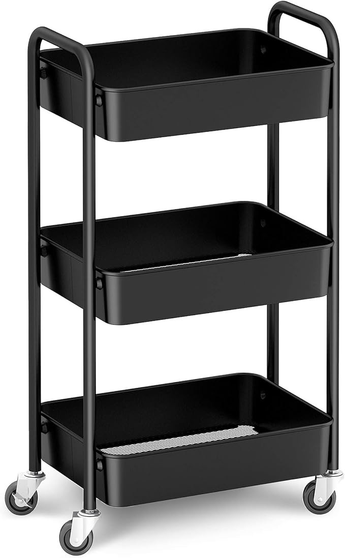 3-Tier Rolling Metal Storage Organizer - Mobile Utility Cart, Kitchen Cart with Caster Wheels (Bl... | Amazon (US)