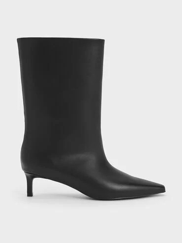 Black Elongated Square-Toe Kitten-Heel Calf Boots | CHARLES & KEITH UK | Charles & Keith UK