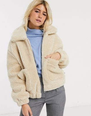 Pull&Bear zip front fleece jacket in off white | ASOS (Global)