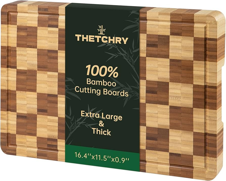 Bamboo Cutting Boards for Kitchen, End Grain Wood Cutting Board with Juice Grooves & Handles, Cha... | Amazon (US)