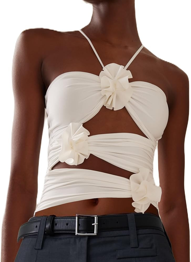 KMBANGI Floral Sexy Tank Top Women Y2k Ruffles Frill Halter Crop Tops Sleeveless Off Shoulder Bac... | Amazon (US)