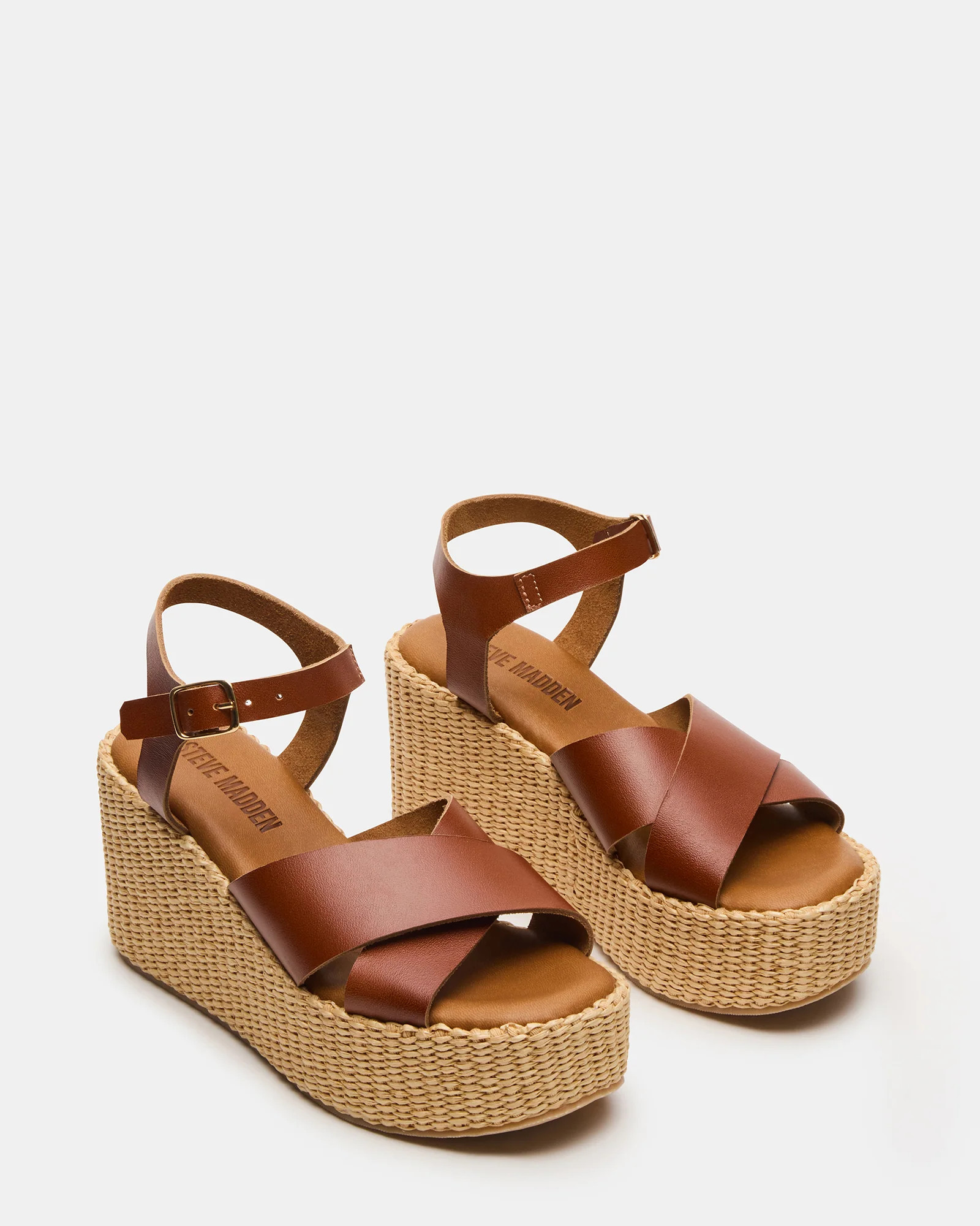 JETSET Cognac Leather Raffia Platform Wedge Women's Sandal | Steve Madden (US)
