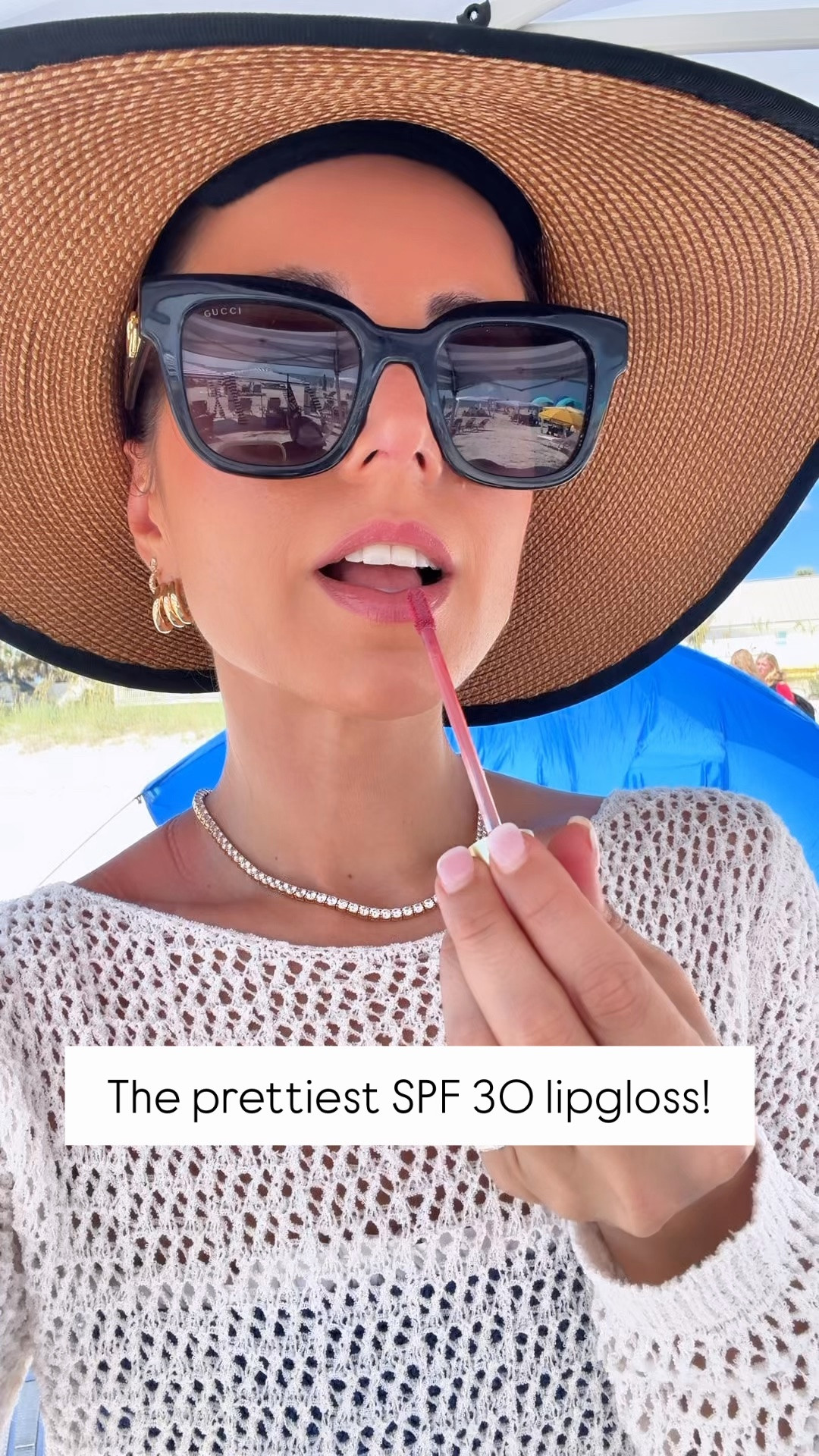 My favorite SPF 30 lipgloss in color Camillia. Target swimsuit coverup. Beach days are the best days 🇺🇸🇺🇸 love this ruffled bikini - one size fits more! Can fit up to size 14. UPF 50+ packable hat. Love these Gucci sunglasses. Amazon tennis necklace. Beach vacation. Summer outfit. 4th of July outfit.

#LTKootd #LTKSwim #LTKTravel