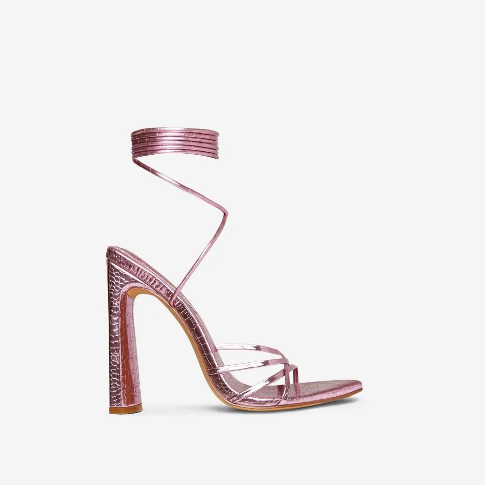 Mistletoe Wide Fit Lace Up Strappy Pointed Toe Flared Block Heel In Pink Croc Print Faux Leather | EGO Shoes (US & Canada)