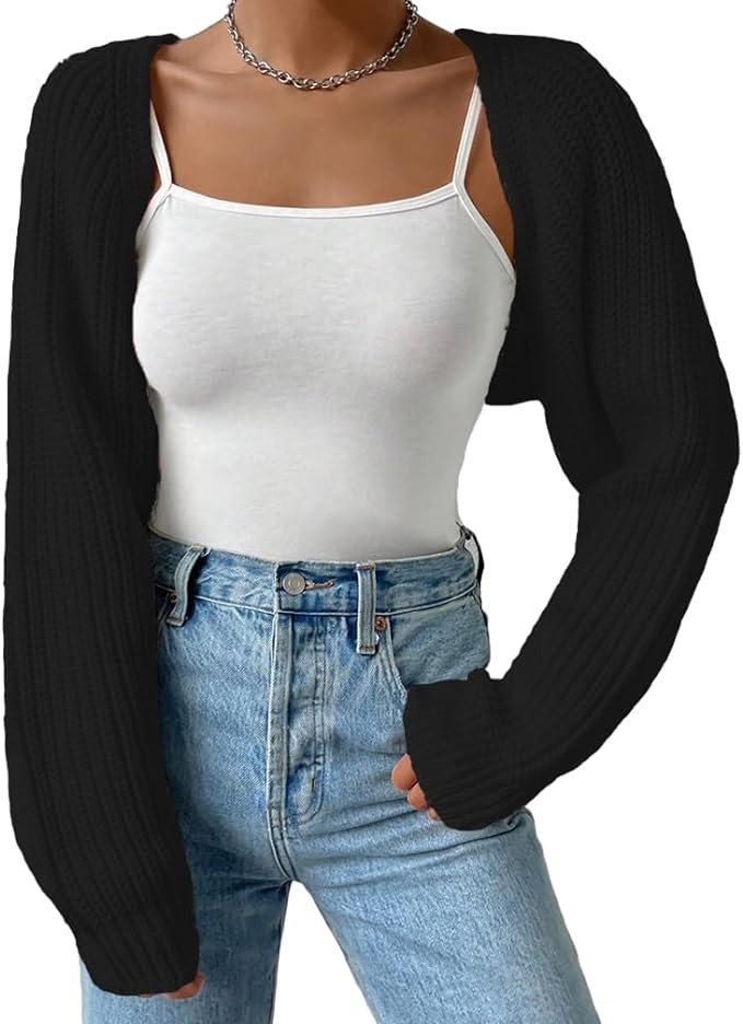 Women Open Front Ribbed Knit Crop Bolero Drop Shoulder Long Sleeve Solid Loose Fit Knitted Crop C... | Amazon (US)