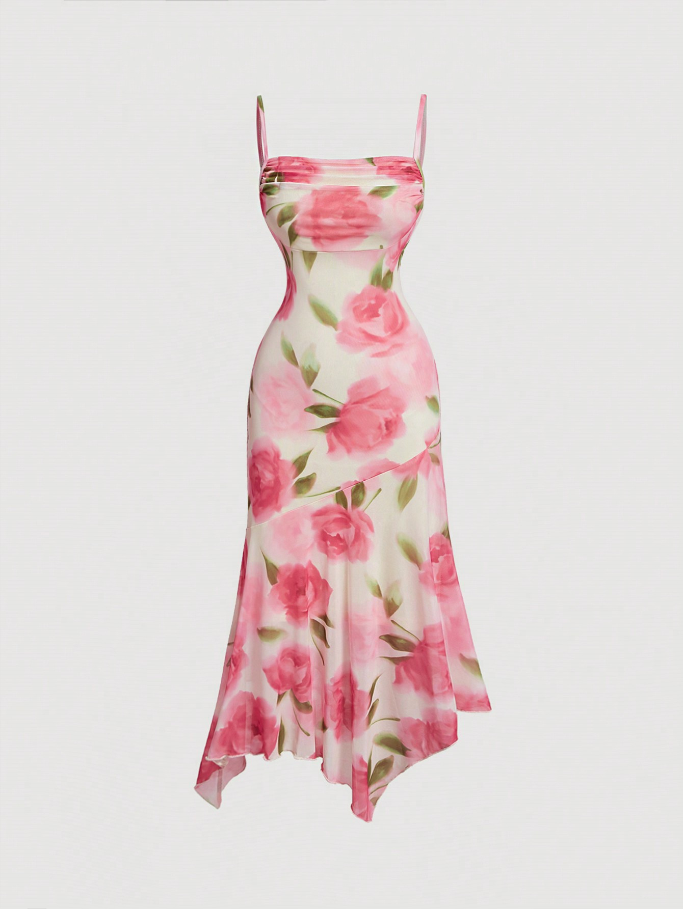 SHEIN MOD Romantic Floral Print Ruched Bust Asymmetric Hem Elastic Mesh Women Cami Dress | SHEIN