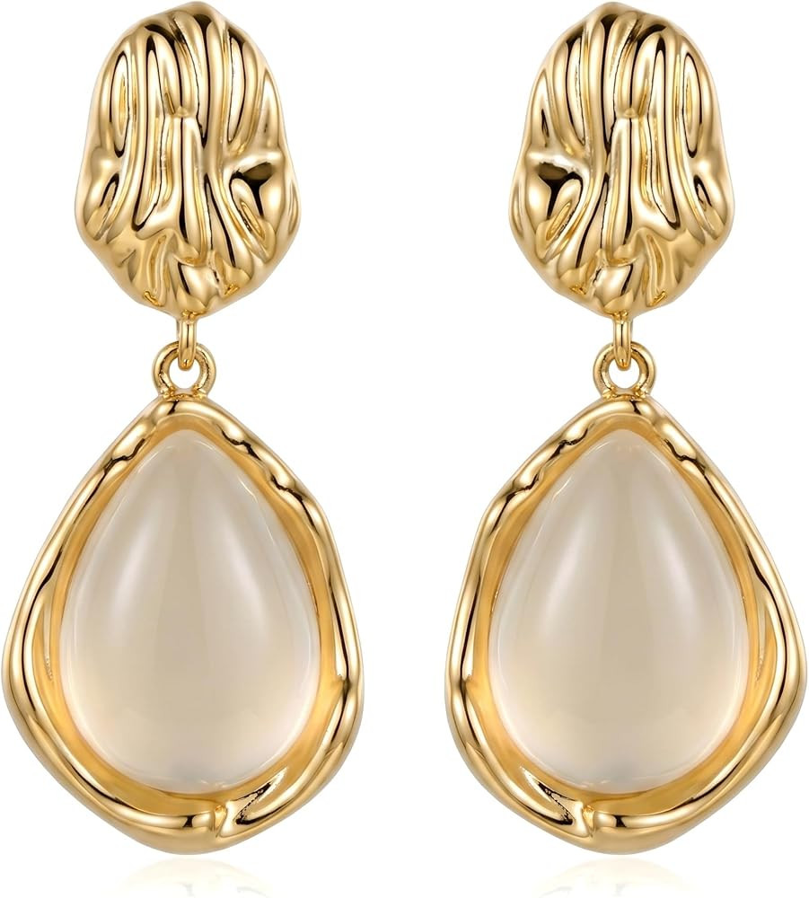 Vintage Tiger's Eye Drop Earrings, Gold Textured Dangle Earrings for Women, Retro Gemstone Earrin... | Amazon (US)