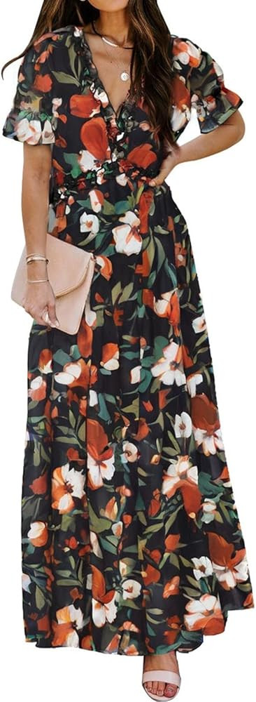 BLENCOT Womens Casual Boho Floral Printed V Neck Short Sleeve Long Evening Dress Ruched Cocktail ... | Amazon (US)