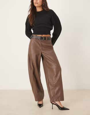 ASOS DESIGN faux leather barrel leg pants with seam detail in mushroom | ASOS (Global)