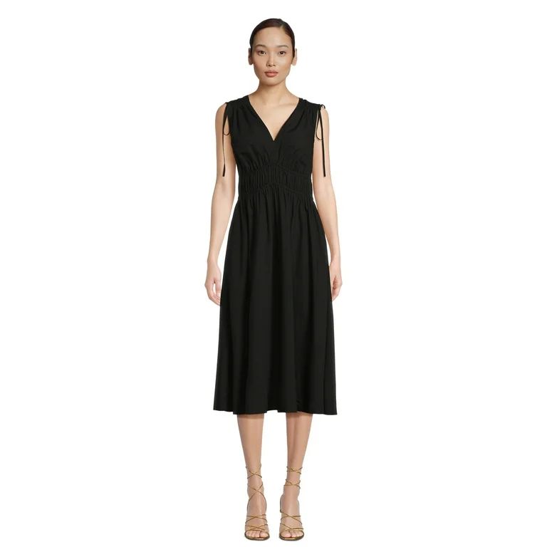 Time and Tru Women's V Neck Smocked Midi Dress, Sizes XS-XXL | Walmart (US)