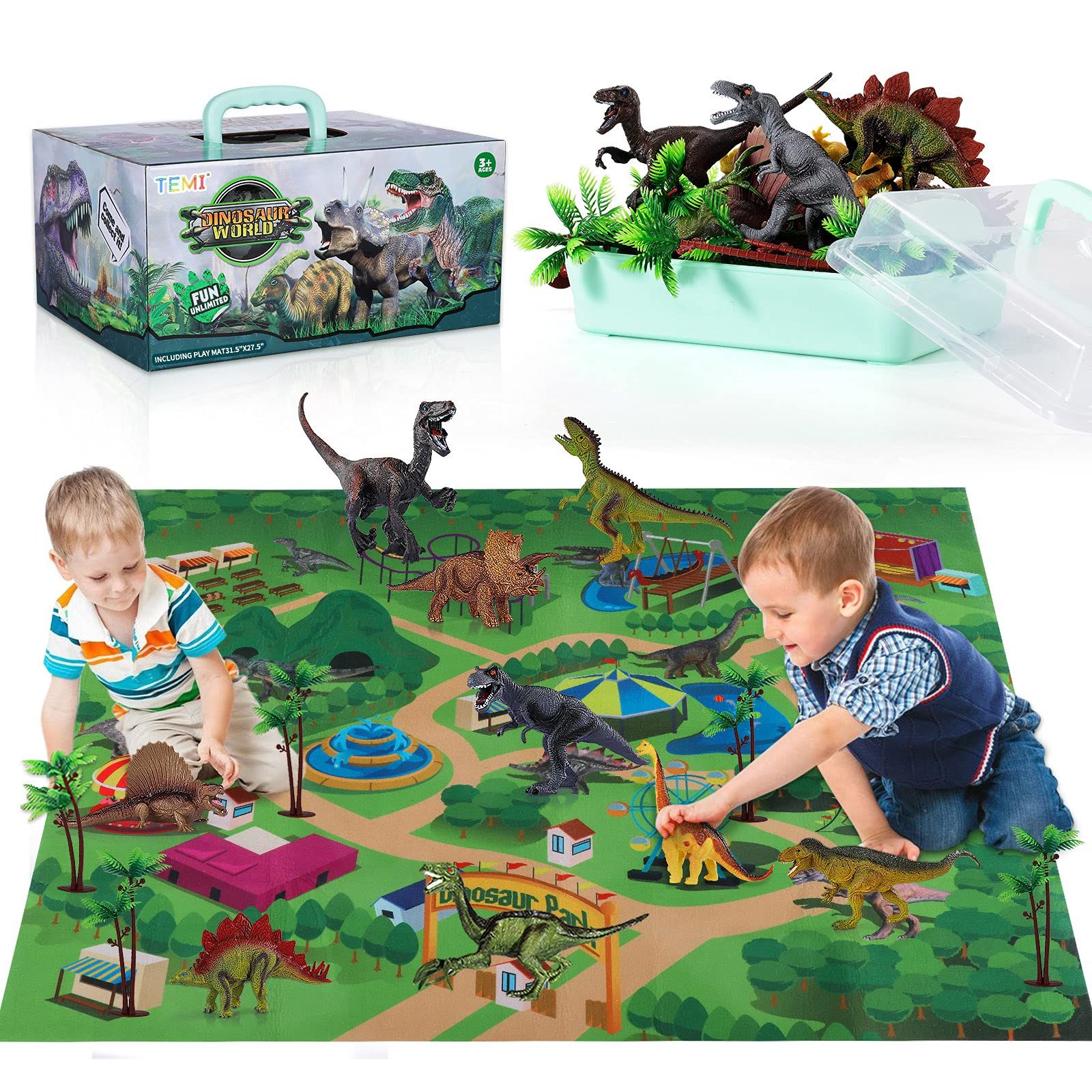 TEMI Dinosaur Toy Figure w/ Activity Play Mat & Trees, Educational Realistic Dinosaur Playset to Cre | Amazon (US)