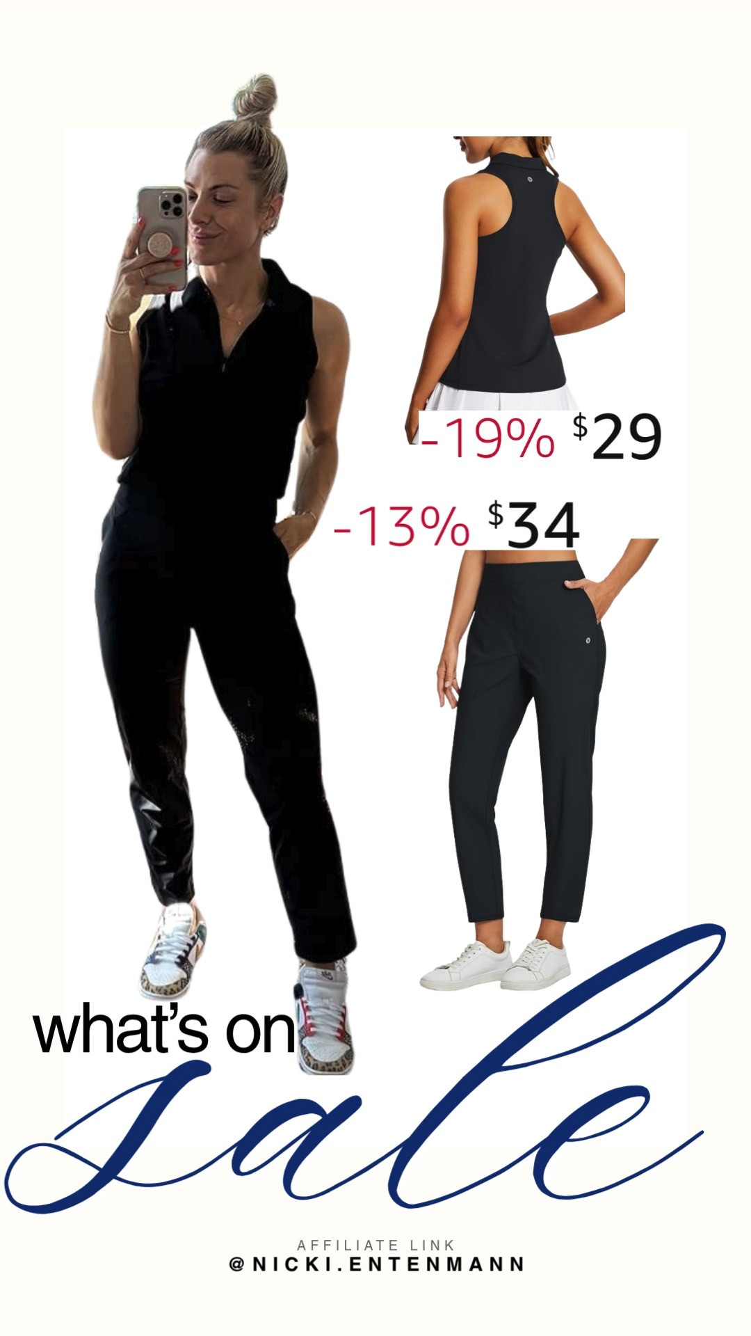"Elevate your everyday rotation with this sleek and sporty monochrome pairing. This sleeveless black polo top and tapered performance pants offer a tailored silhouette with all the comfort of your favorite activewear. Whether you are heading to a morning meeting or hitting the golf course, this duo provides a polished, streamlined look that moves with you. Grab them both while they are on sale to create the ultimate versatile base for your spring wardrobe.

#salealert #athleisure #golfstyle #workoutootd #streetstyle #capsulewardrobe #everydaychic #springfashion #ootdinspo #activewearstyle"																									 

 #LTKootd #LTKActive #LTKSaleAlert
