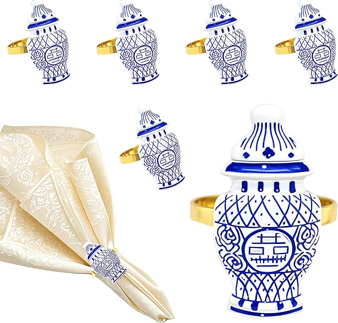 Blue White Porcelain Napkin Rings Set of 6 for Chinese Style Christmas New Year Banquet Decor,Gol... | Amazon (US)
