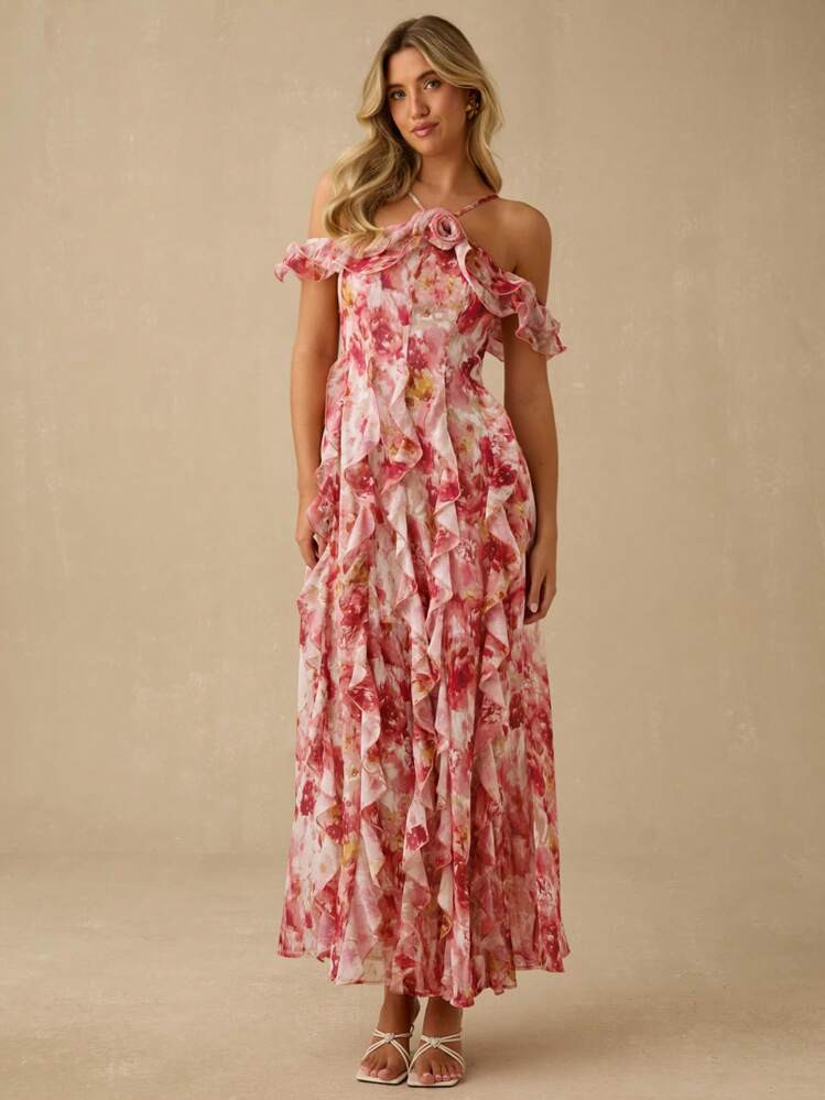 Enchnt Spring/Summer Romantic Women's Vacation Style Allover Print Embellished Halter Ruffle Hem One Shoulder Maxi Dress,Sweet&Elegant&Sexy, For Holiday Dress&Vacation Dress&Sweet Date&Graduation Season Dress&Afternoon Tea&Garden Parties,Summer Outfits For Women,Elegant Dresses For Women,Bohemian Clothes | SHEIN