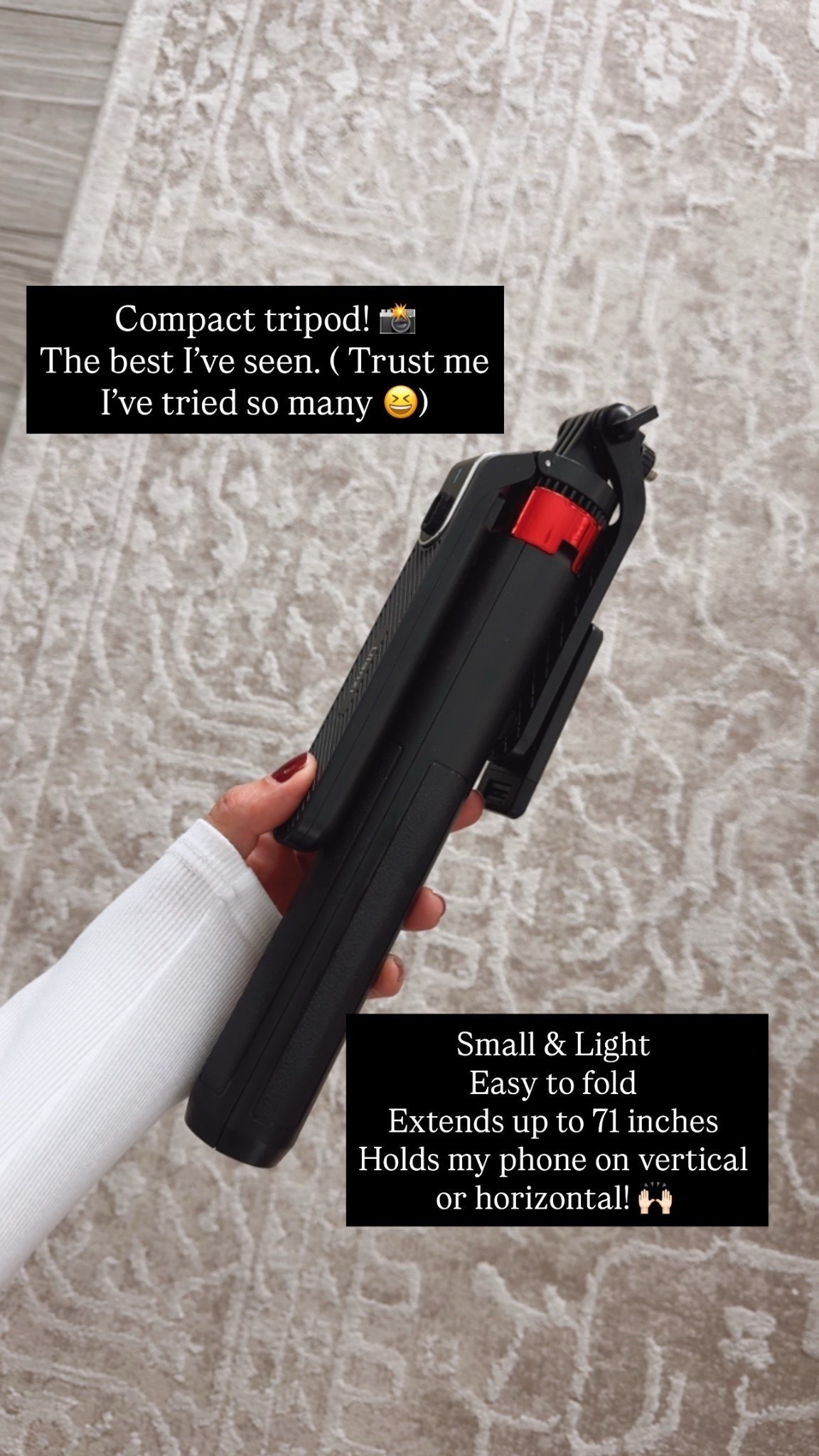 Travel essential
Compact tripod!📸
The best I've seen. ( Trust me
I've tried so many😆) 
Small & Light
Easy to fold
Extends up to 71 inches
Holds my phone on vertical or horizontal! 🙌🏼



#LTKU #LTKTravel #LTKootd