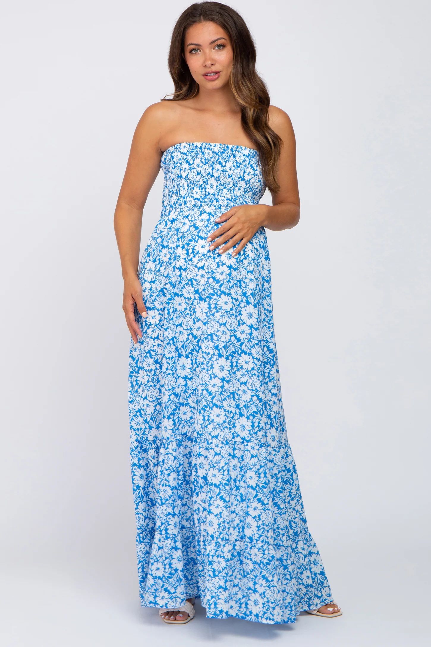 Blue Floral Strapless Smocked Maternity Maxi Dress | PinkBlush Maternity