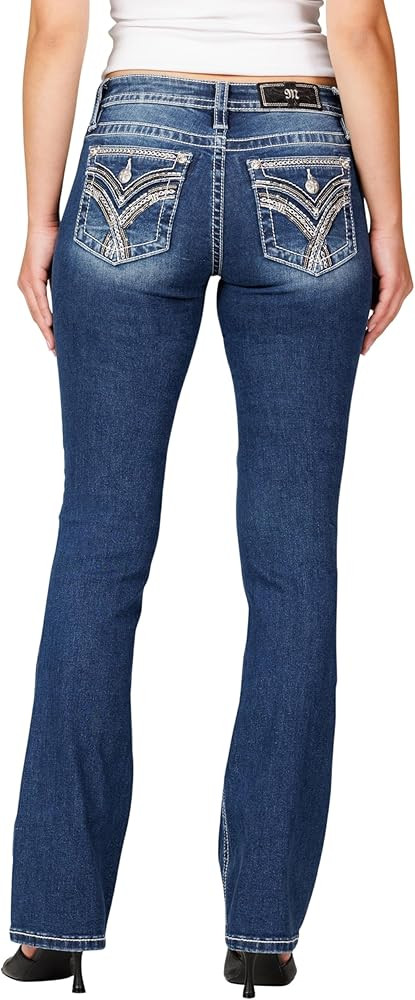 Miss Me Women's Chain Link Cross Stitched Faux Flap Pockets Mid-Rise Bootcut Jeans | Amazon (US)