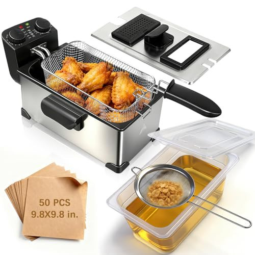 Deep Fryer with Basket, 1600W, 3L Small Deep Fryer with Oil Filtration for Home Use, Fryer Pot with Timer & Temp Control, Viewing Window, Stainless Steel, Fine Mesh Strainer, Oil Storage Container | Amazon (US)
