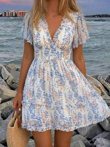 Breezaya Ditsy Floral Print Lettuce Trim Dress Vacation Beach Outfits Women | SHEIN