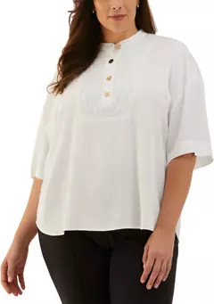 ELLA Rafaella Plus Size Smocked Banded Collar Elbow Sleeve Top | Belk