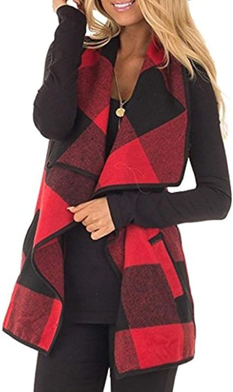 Womens Casual Lapel Open Front Plaid Vest Cardigan Coat with Pockets | Amazon (US)