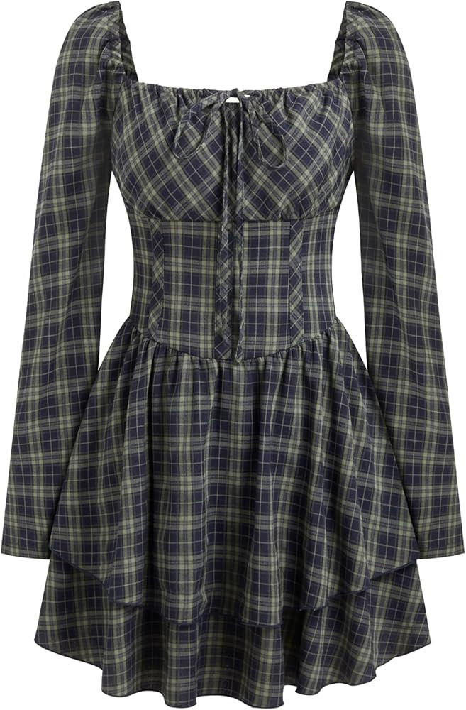CIDER Womens Plaid Gingham Dress Square Neck Long Sleeve A Line Mini Dress | Amazon (US)