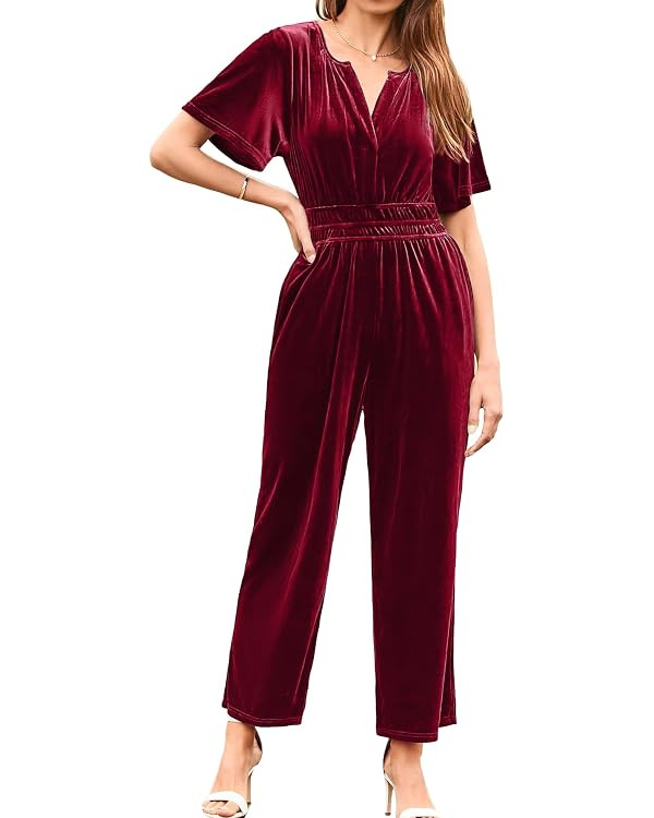 Simplee Womens Short Sleeve Wide Leg Velvet Jumpsuit Dressy V Neck Elastic Waist Formal Jumpsuits... | Amazon (US)
