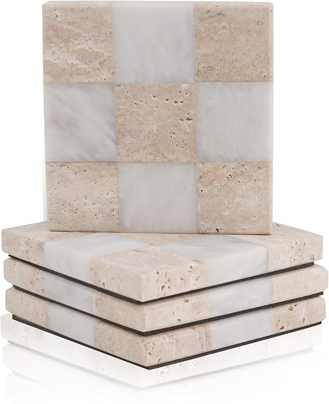 Marble Coasters Set of 4, 4" Travertine & White Desk Coasters for Drinks, Handmade Stone Cup Coas... | Amazon (US)