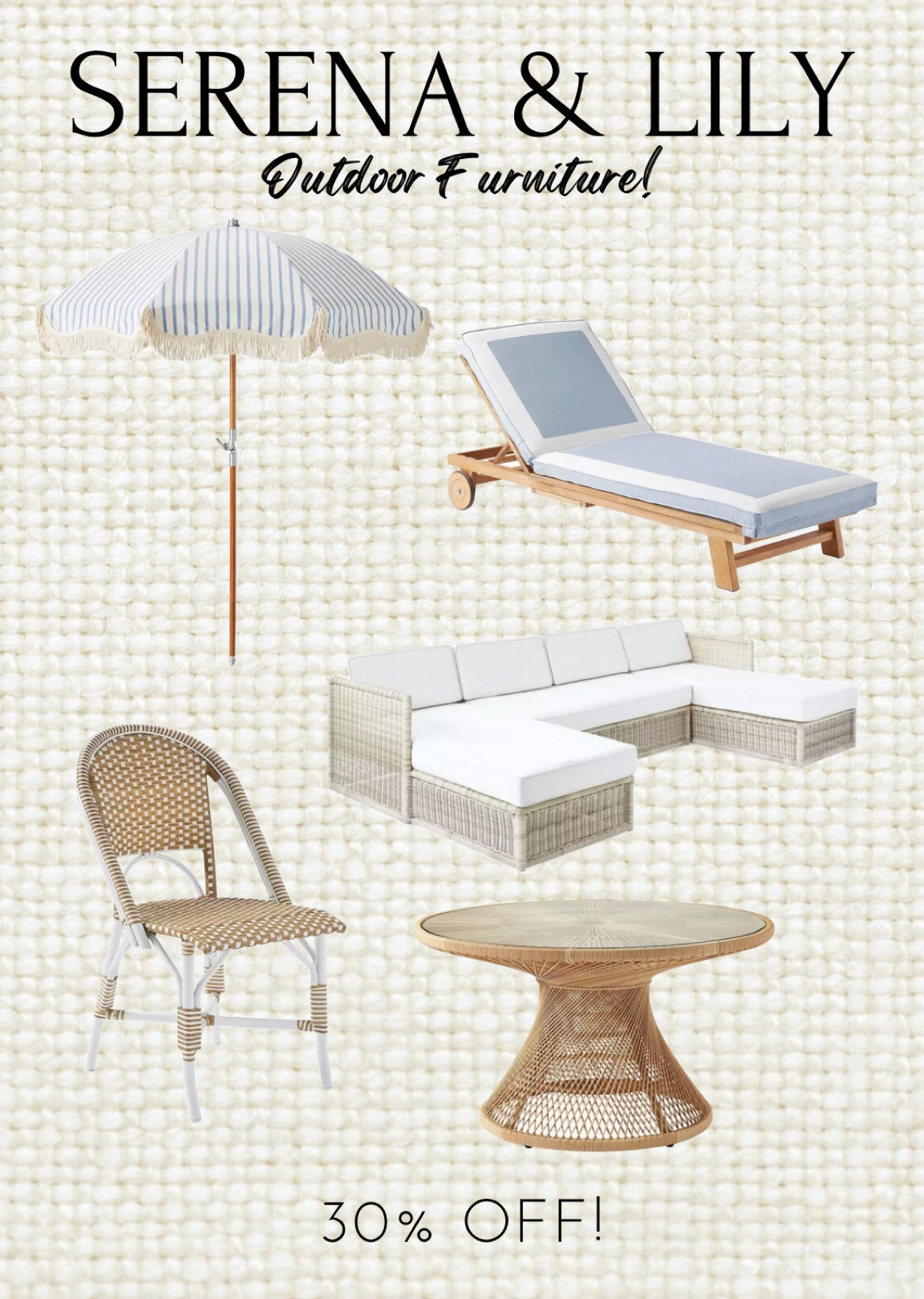 30% off all outdoor patio furniture at Serena & Lily!

Decor, poolside, patio, furniture, sale

#LTKsalealert #LTKhome #LTKSeasonal
