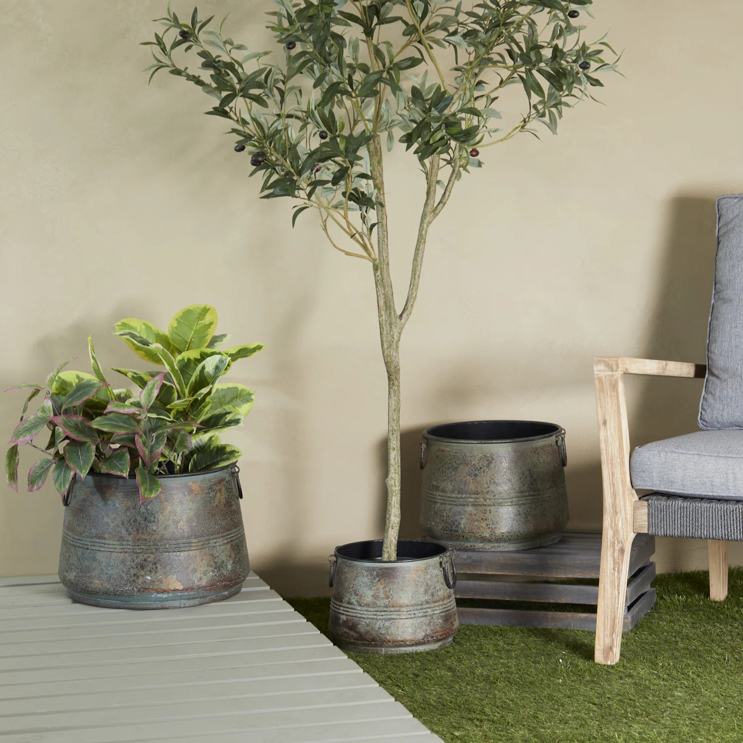 Gracie Oaks Cowden 3 Piece Metal Distressed Bucket Style Indoor Outdoor Bronze Planter with Side ... | Wayfair North America