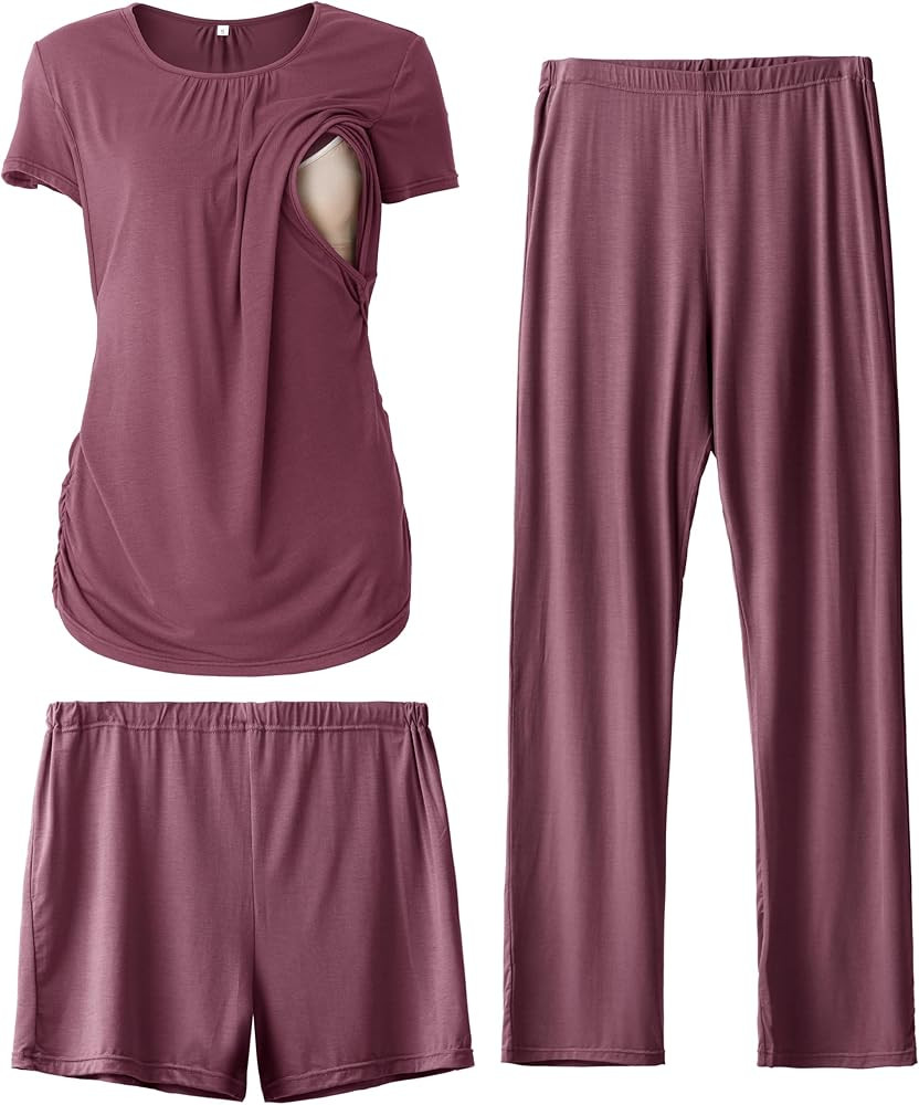 SUNNYBUY Womens Maternity Nursing Pajamas Set, Short Sleeve Breastfeeding Shirts，Pregnancy Shor... | Amazon (US)