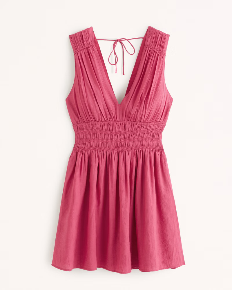 Abercrombie & Fitch Women's Smocked Plunge Crinkle Mini Dress in Pink - Size XXS PETITE | Abercrombie & Fitch (US)