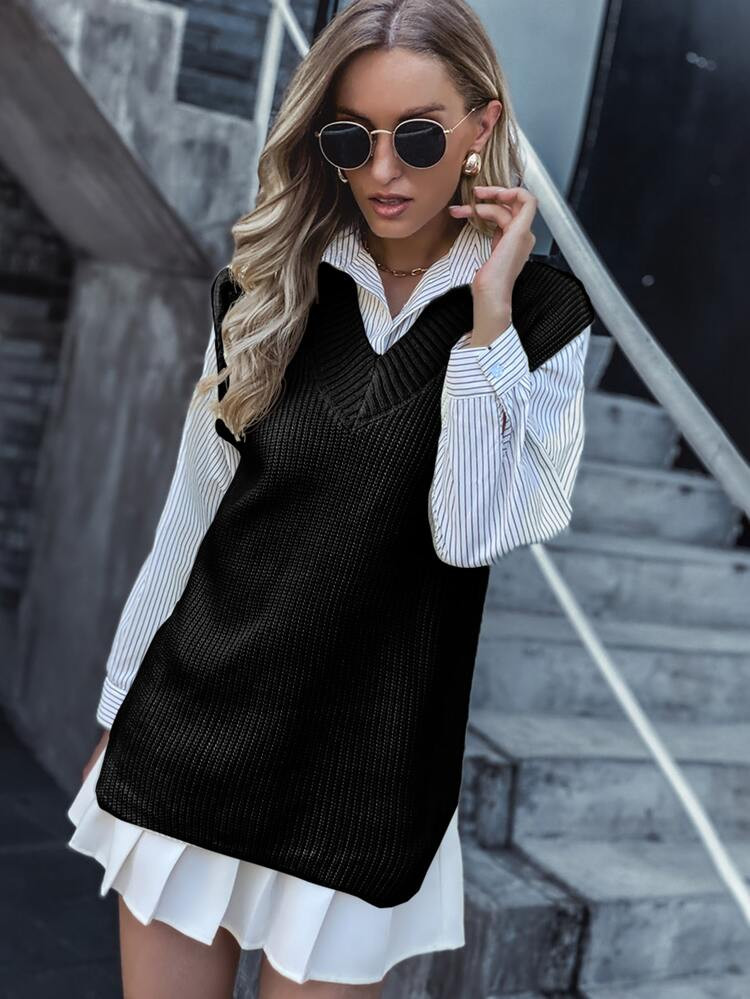 Solid Split Hem Sweater Vest Without Blouse | SHEIN