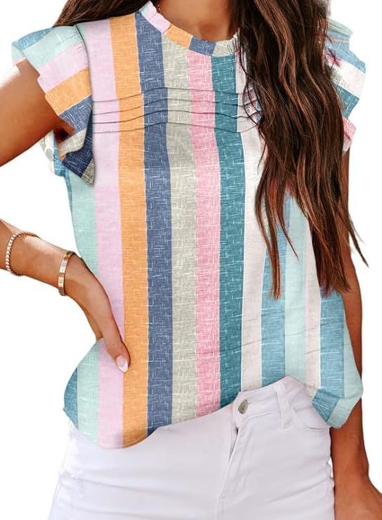 SHEWIN Womens Summer Crewneck Tank Tops Casual Ruffle Sleeveless Tops Shirts | Amazon (US)