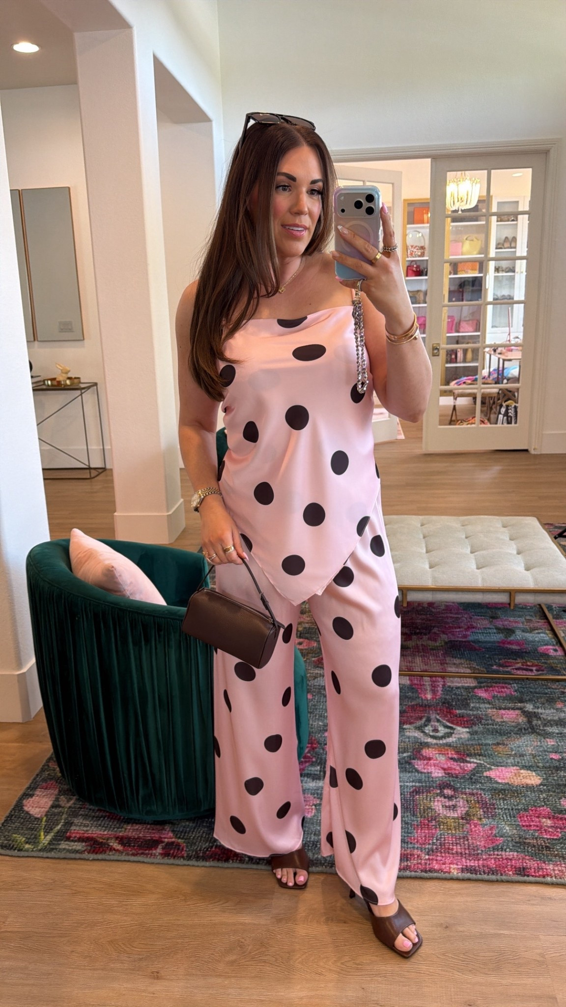 curvy midsize pink and chocolate brown polka dot set! in the size m/l in top and size large in pants. top can be strapless! 

#LTKMidsize #LTKSeasonal