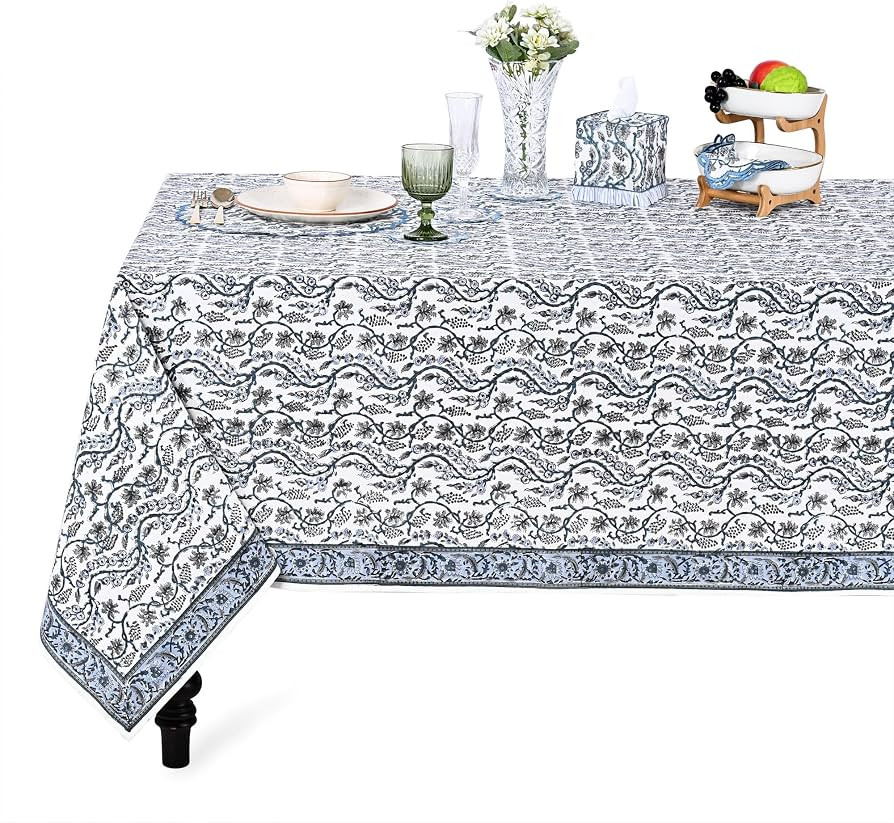 Ridhi Baby Blue Eyes Hand Block Print Cotton Rectangle Tablecloth 108" x 70" inches Reusable Tabl... | Amazon (US)