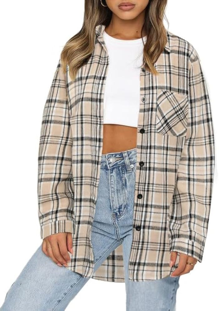 Asiertiy Womens Buffalo Plaid Flannel Shirt Long Sleeve Collar Button Down Blouses Lightweight Tops  | Amazon (US)