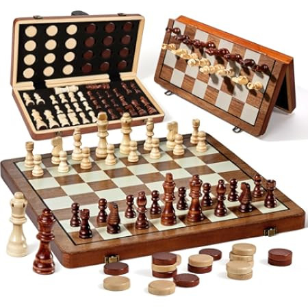 2 in 1 Magnetic Wooden Chess and Checkers Board Game Set, 15" Folding Chess Boards with 2 Extra Q... | Amazon (US)