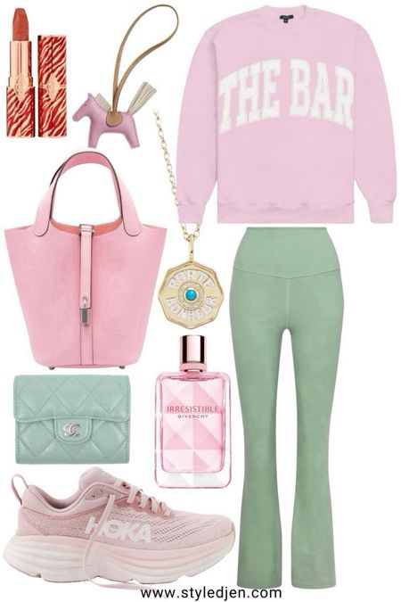 Spring pink and green athleisure lounge outfit - lululemon groove flare leggings in Palm Court (love this shade of green!), the bar pink sweatshirt, pink hoka sneakers, new givenchy perfume is SO amazing and Marlo laz necklace 



#LTKFindsUnder100 #LTKStyleTip #LTKSeasonal