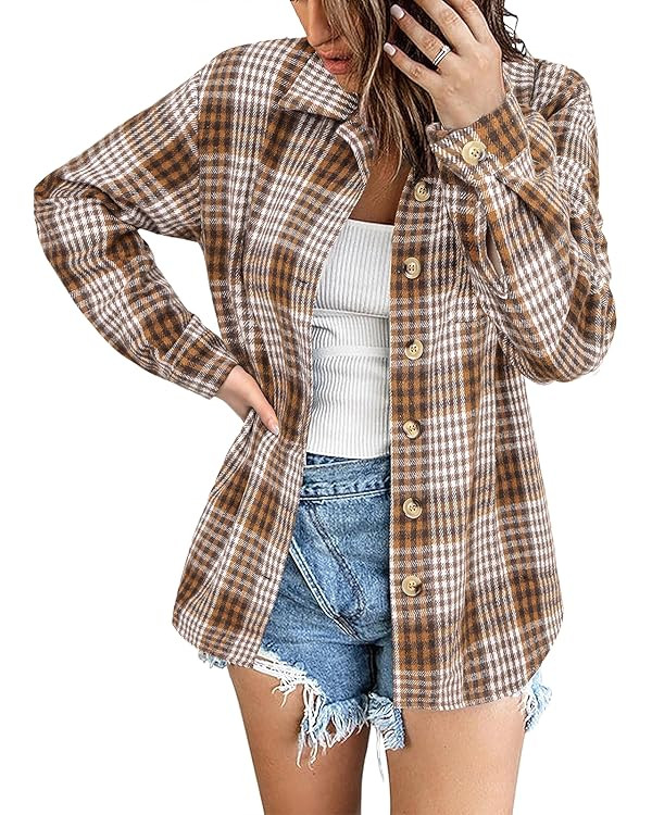 Zeagoo Women Flannel Shacket Jacket Plaid Button Down Long Sleeve Shirt Fall Outfits 2024 | Amazon (US)
