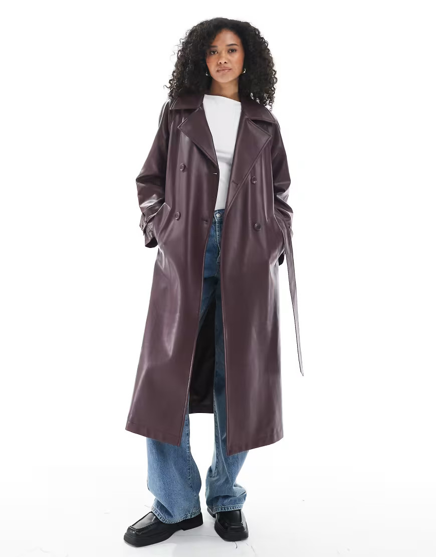New Look PU trench coat in burgundy-Red | ASOS (Global)