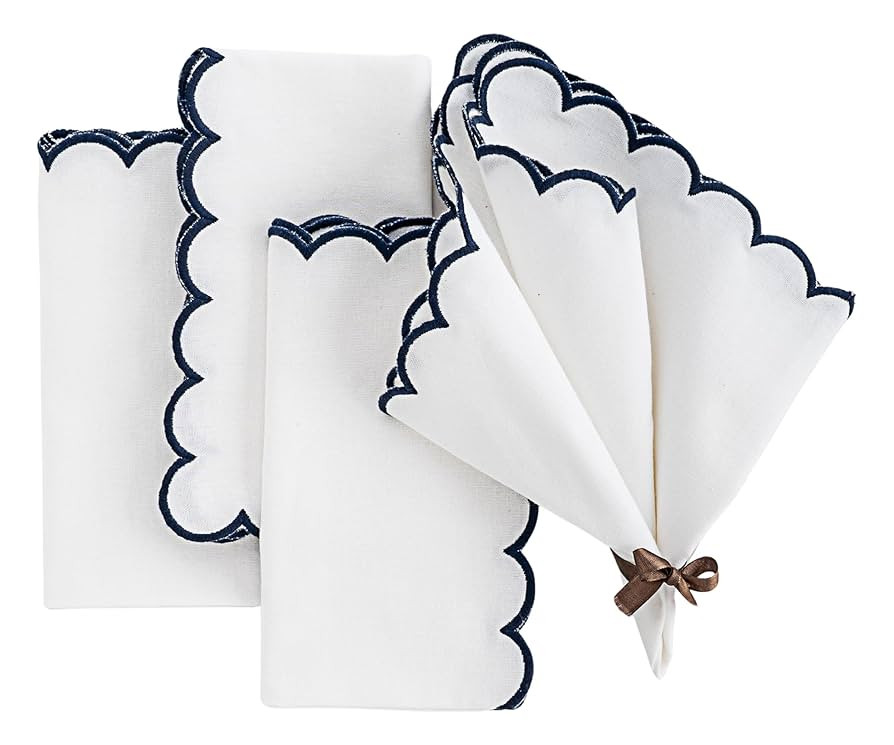 Navy Blue and White Napkins, 100% Cotton Cloth, Scalloped, Set of 4, Embroidery, Wedding, Farmhou... | Amazon (US)