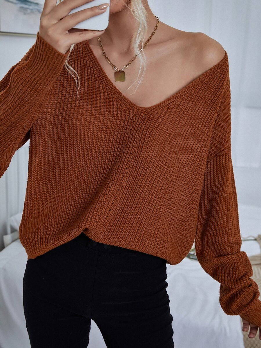 V Neck Drop Shoulder Sweater | SHEIN
