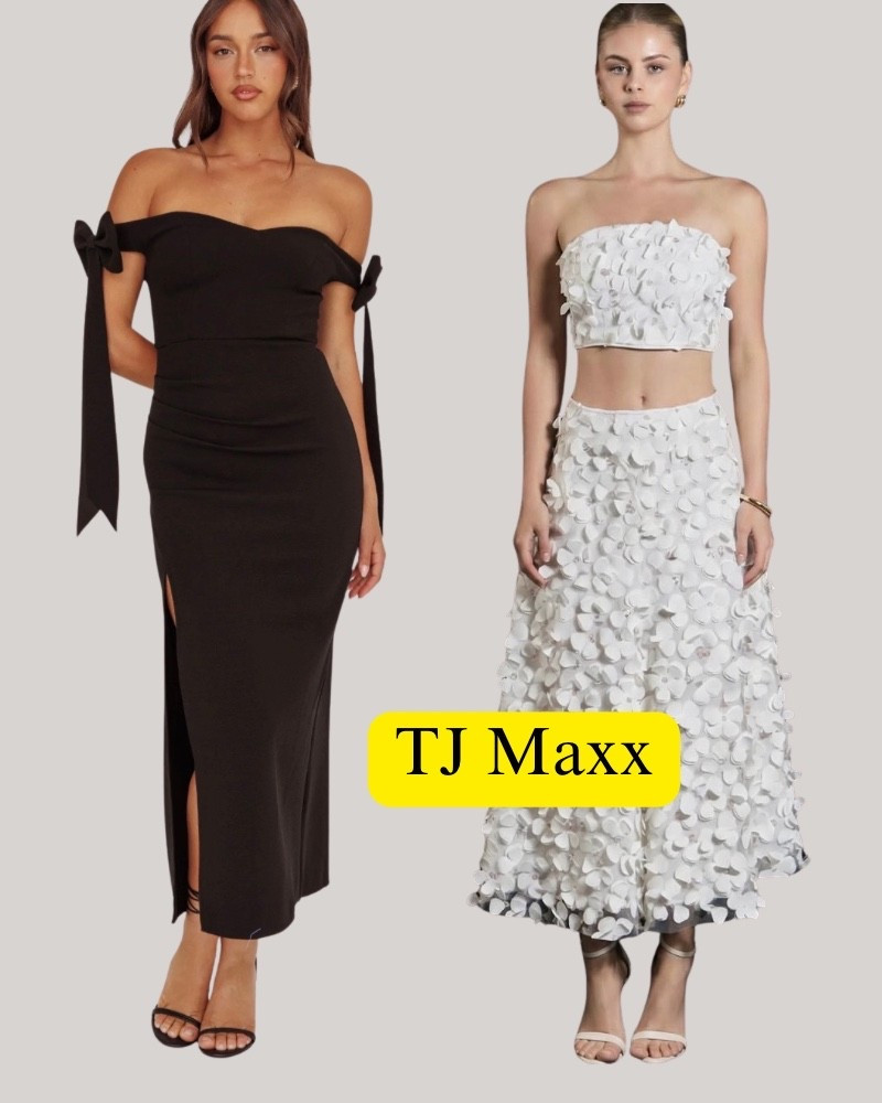 Designer dresses on sale at TJ Maxx, bow strapless, dress, 3-D flower skirt and crop top, spring, summer, date night, wedding guest, brides.

#LTKWedding #LTKSaleAlert