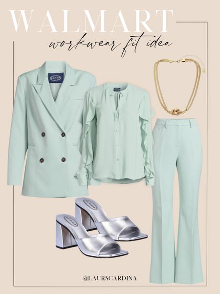 This Walmart workwear fit includes a blouse, high-waisted bootcut trousers, and blazer, paired with silver slide heels and a gold knot necklace. 

Work outfit, office outfit idea, ootd, Walmart fashion 

#LTKshoecrush #LTKfindsunder50 #LTKstyletip