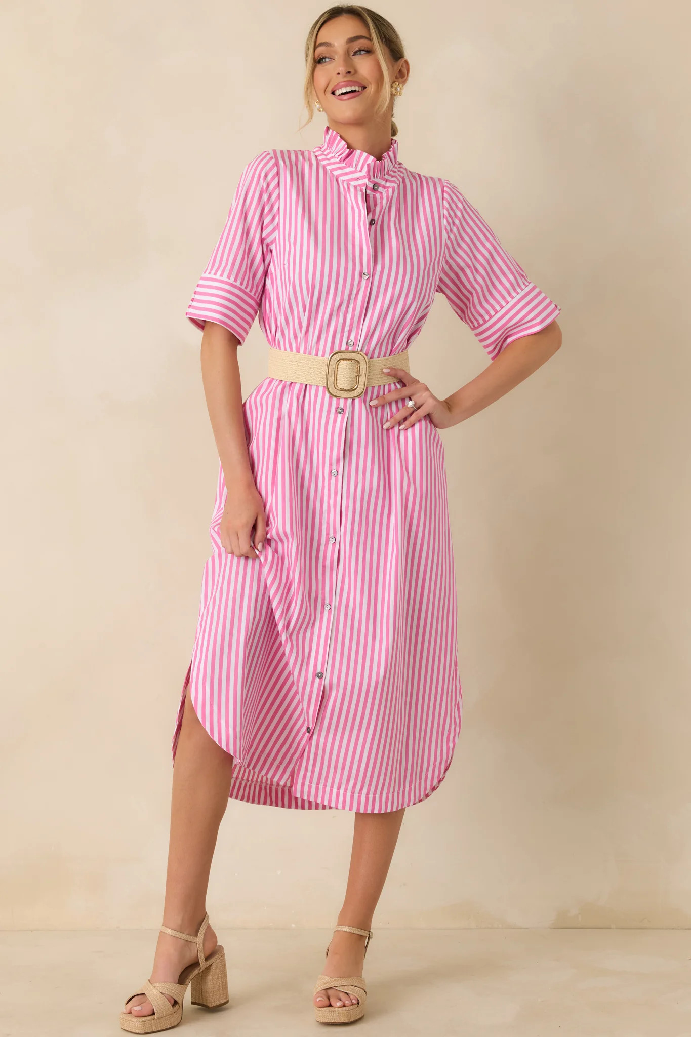 In Perfect Order Pink Stripe Button Front Ruffle Collar Midi Shirt Dress | Red Dress