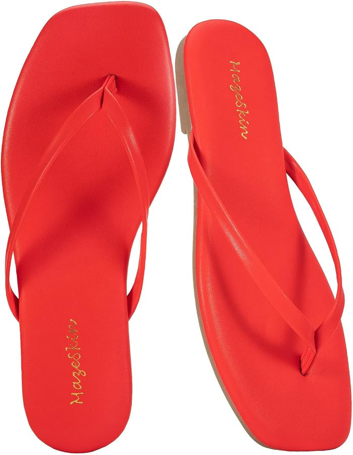 mazeskin Womens Memory Foam Flip Flops Leather Flat Sandals | Amazon (US)