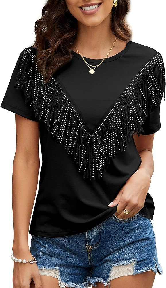 PESION Women's Fringe Trim Shirts Short Sleeve Tassel Trim Blouse T-Shirt Tops | Amazon (US)