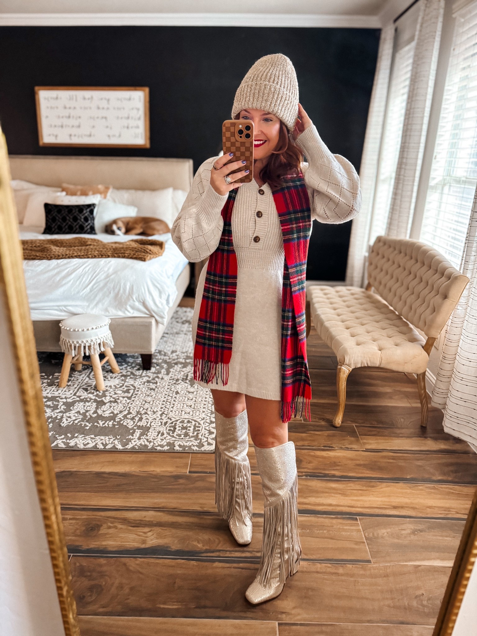 Holiday look from Cupshe. Love how versatile this sweater dress can be! DELIGHT15 saves 15%. I linked a similar sparkle beanie to help recreate the look. 

#LTKFindsUnder50 #LTKOver40 #LTKHoliday